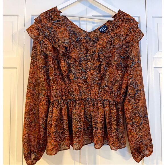 Scoop orange and blue boho ruffled blouse side M 8-10 - Picture 3 of 8